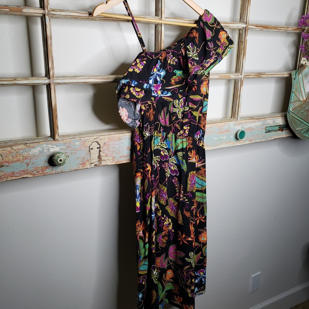 H & M Rainforest Floral Ruffle One Shoulder Viscose Dress size 6 - Picture 15 of 16